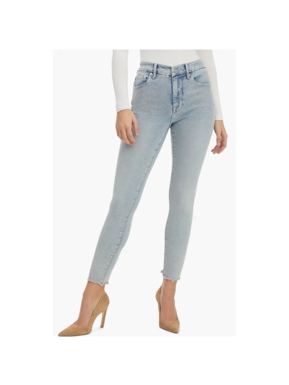 Good American Good Legs Crop Long Fray Hem Jeans Blue 669 Light Wash Size 12/ 31